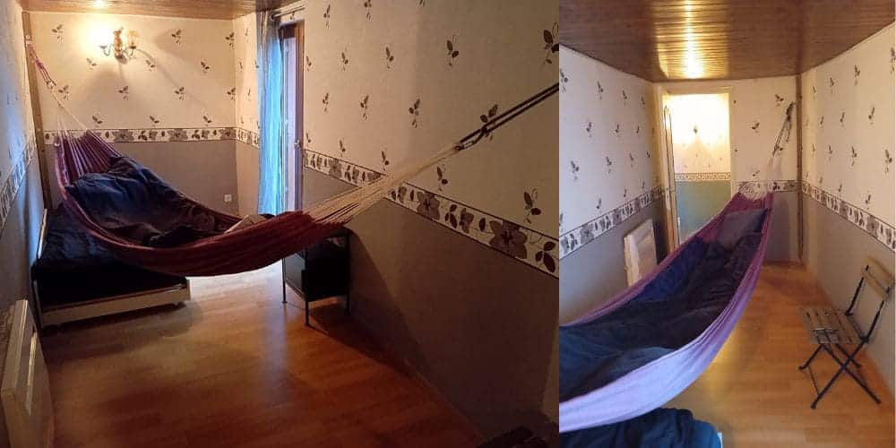 Hamac installé sur mur en pierres fragiles